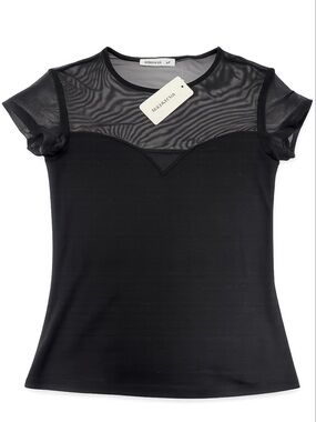 Terranova Black Mesh Sheer Yoke Short Sleeve Top Size M NWT